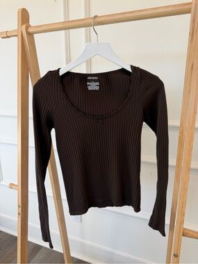 wild fable Dark Brown Ribbed Long-Sleeve Scoop Neck Top